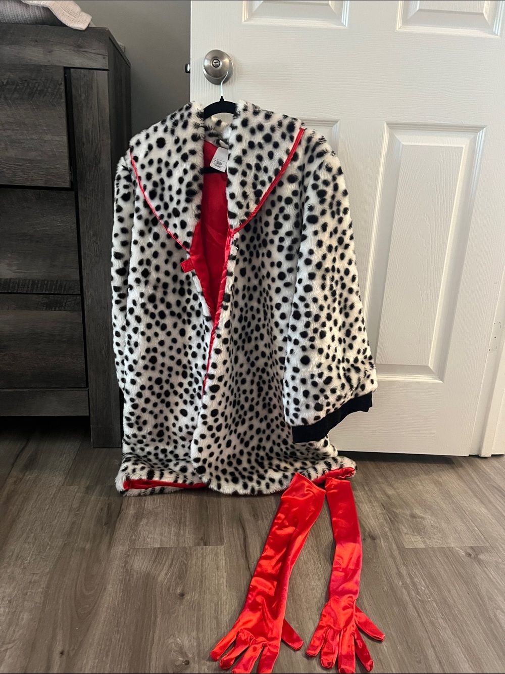 Dalmatian Faux Fur Coat with Red Satin Trim and Gloves